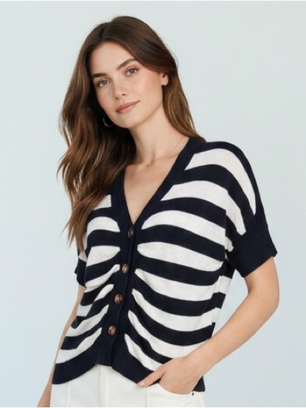 Ted Baker Donall Pleat Detail Stripe Cardigan Navy Size 3/Medium